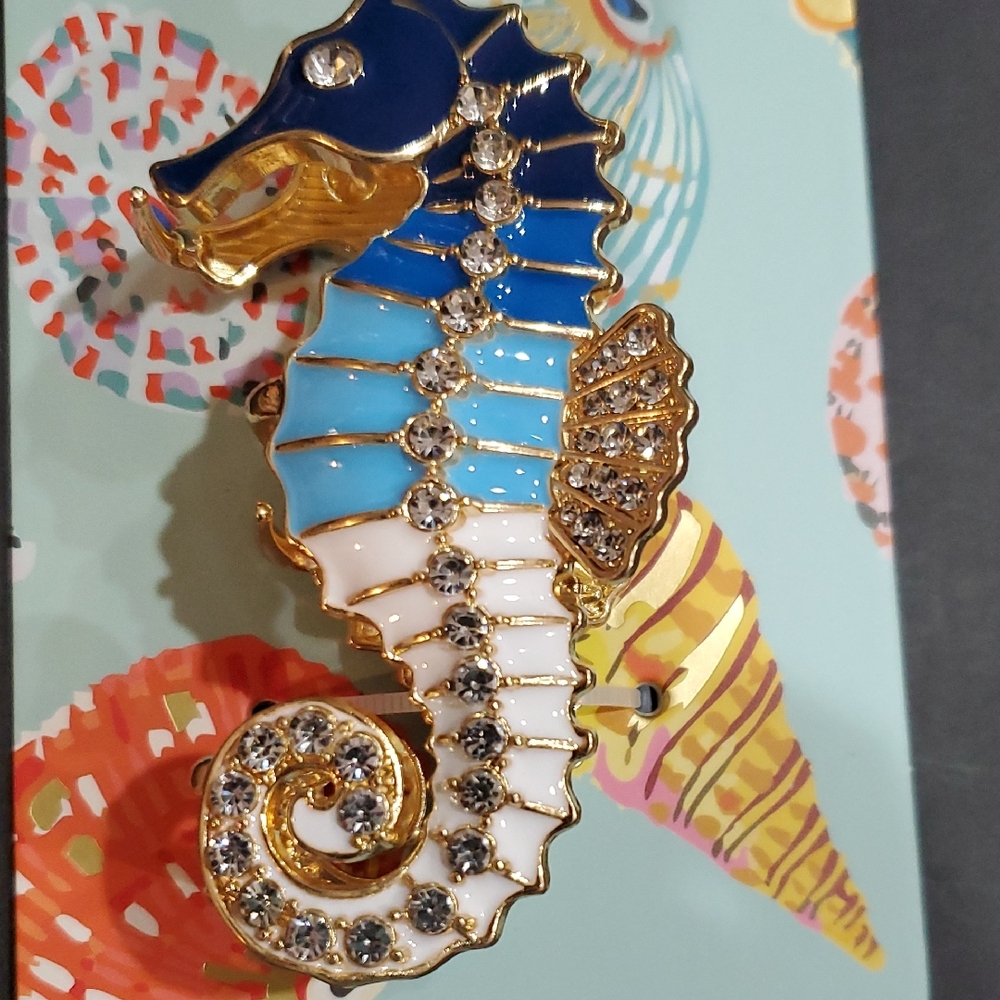 Blue white colorblock crystal rhinestone studded seahorse hair jaw clip new